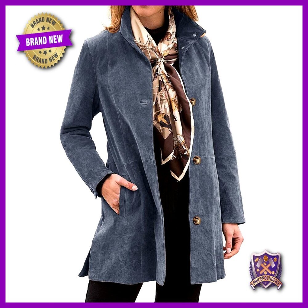 Suede Leather Trench Coat Stand Collar Single Breasted Mid Length Winter